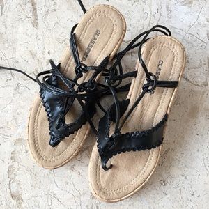 Black Gladiator Thong Wedge Sandal Ankle Wrap Open Toe by Classified